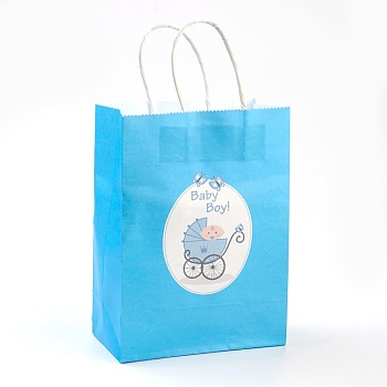 Rectangle Paper Bags, with Handles, Gift Bags, Shopping Bags, Baby Pattern, for Baby Shower Party, Deep Sky Blue, 21x15x8cm