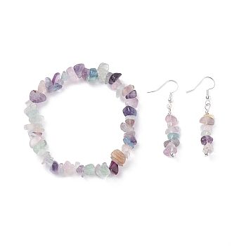 Natural Fluorite Chips Beaded Jewelry Set, Gemstone Stretch Bracelets & Dangle Earrings for Women, Platinum, 35mm, Pin: 0.5mm, Inner Diameter: 2-1/8 inch(55mm)