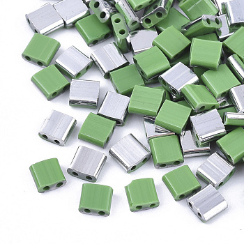 2-Hole Glass Seed Beads, Half Platinum Plated Colours, Square, Light Green, 5x4.5~5.5x2~2.5mm, Hole: 0.5~0.8mm, about 118pcs/10g