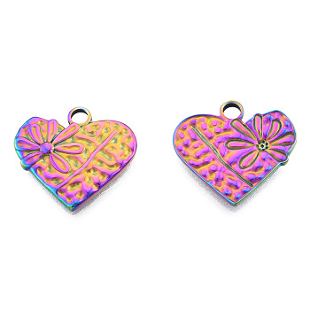 Ion Plating(IP) 201 Stainless Steel Pendants, Heart with Flower, Rainbow Color, 18.5x20x2mm, Hole: 2.5mm