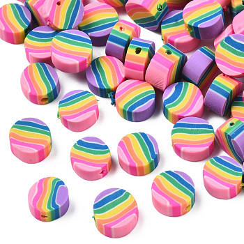 Handmade Polymer Clay Beads, Flat Round with Stripe Pattern, Colorful, 8~9.5x4~5mm, Hole: 1mm