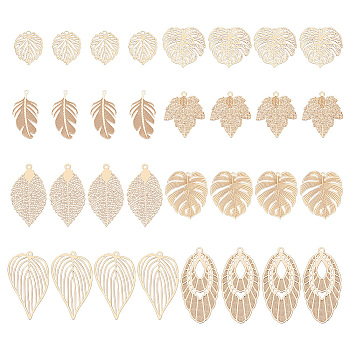 Elite 32Pcs 8 Style Brass Pendants, Etched Metal Embellishments, Long-Lasting Plated, Monstera Leaf & Maple Leaf, Light Gold, 26~42x15~26x0.3~0.4mm, Hole: 1.2~1.6mm, 4pcs/style