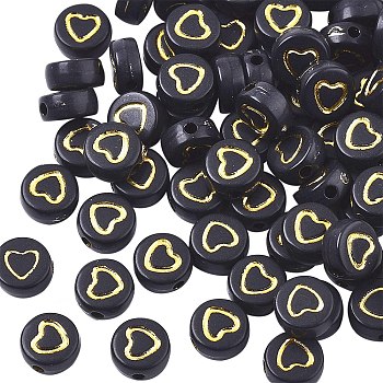 Opaque Acrylic Beads, Flat Round with Heart, Golden Plated, Black, 7x3~4mm, Hole: 1.5mm, about 1850pcs/250g
