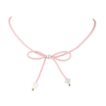 Glass Seed Pendants Necklaces for Women, Bowknot, Pink, 15.94 inch(40.5cm)