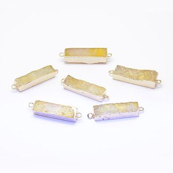 Electroplated Natural Druzy Agate Links/Connectors, Golden, Rectangle, Light Goldenrod Yellow, 30~45x8~9x4.5~7.5mm, Hole: 2mm