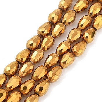 Electroplate Glass Beads Strands, Faceted, teardrop, Golden Plated, 12x8mm, Hole: 1mm, about 60pcs/strand, 27.1 inch