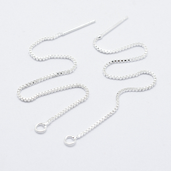 Brass Stud Earring Findings, with Loop, Long-Lasting Plated, Ear Threads, Silver Color Plated, 70x1x1mm, Hole: 1.5mm, Pin: 0.7mm
