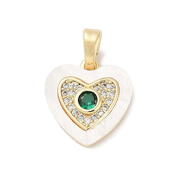 Brass Micro Pave Cubic Zirconia Pendants, with Shell, Heart Charms, Dark Green, 13.5x13x3mm, Hole: 4mm