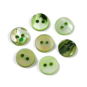 Freshwater Shell Buttons, 2-Hole, Flat Round, Lime, 10x1.5~2mm, Hole: 1.7mm