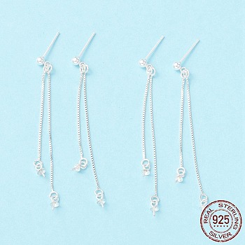 925 Sterling Silver Stud Earring Findings, Long Chain Tassel with Double Peg Bails, for Half Drilled Beads, Silver, 46mm, Pin: 0.7mm and 0.6mm(for half drilled beads)