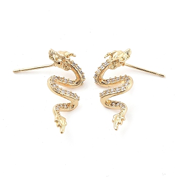 Brass Micro Pave Cubic Zirconia Stud Earrings, Dragon, Light Gold, 24x11mm