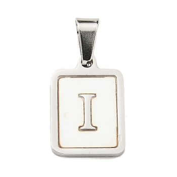 304 Stainless Steel Pave Natural White Shell Pendants, Rectangle with Letter Charms, Stainless Steel Color, Letter I, 17.5x12x1.5mm, Hole: 6x3mm