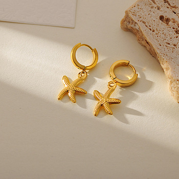 304 Stainless Steel Hoop Earrings, Golden, Starfish, 35x15mm