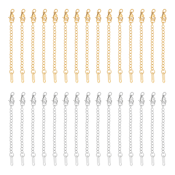 30Pcs 2 Colors 304 Stainless Steel Chain Extender, Chain Tabs with Word K14, and Lobster Claw Clasps, Golden & Stainless Steel Color, 64~80mm, 15pcs/color