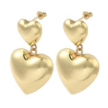 Brass Stud Earrings, Cadmium Free & Lead Free, Heart, Real 18K Gold Plated, 40.5x25mm