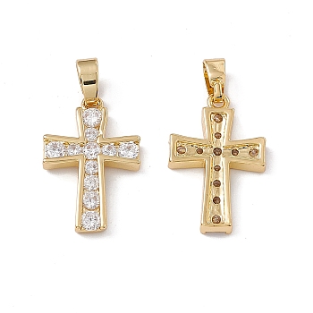 Brass Cubic Zirconia Pendant, with Glass, Real 18K Gold Plated, Religion Cross Charm, Clear, 20x13x2.5mm, Hole: 4.5x3mm