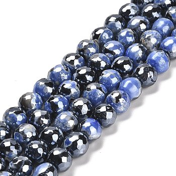Electroplated Natural Fire Crackle Agate Round Beads Strands, Dyed & Heated, Faceted(128 Facets), Royal Blue, 10mm, Hole: 1.4mm, about 38pcs/strand, 14.96 inch(38cm)