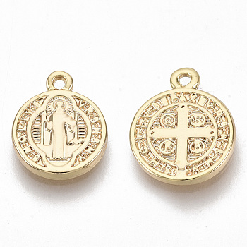 Brass Charms, for Religion, Nickel Free, Flat Round with Saint Benedict Medal, Real 18K Gold Plated, 13x10.5x1.5mm, Hole: 1mm