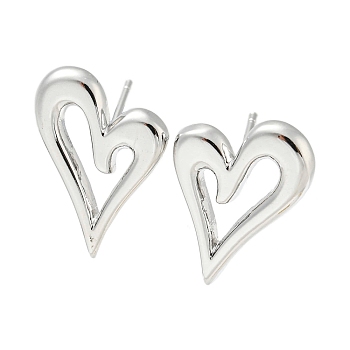 Hollow Heart Rack Plating Brass Stud Earrings, Long-Lasting Plated, Lead Free & Cadmium Free, Platinum, 21x15mm