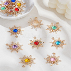 14Pcs 7 Colors Transparent Resin Pendants, Sun Charms, with Rack Plating(IP) Light Gold Tone Alloy Findings, Mixed Color, 29x26.5x4.5mm, Hole: 1.2x1.5mm, 2pcs/color(FIND-LP0002-66)