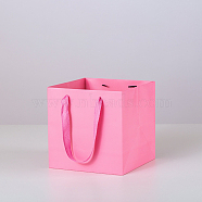 Solid Color Kraft Paper Gift Bags with Ribbon Handles, for Birthday Wedding Christmas Party Shopping Bags, Square, Hot Pink, 15x15x15cm(PAAG-PW0001-103A-04)