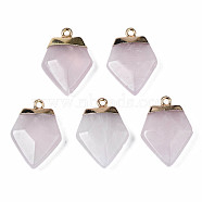 Natural Rose Quartz Pendants, with Golden Brass Findings and Iron Loop, Rack Plating, Faceted, Shield, 25~26x17~18x5.5~6.5mm, Hole: 1.8mm(G-S359-335-A02)
