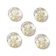 Transparent Acrylic Beads, Golden Metal Enlaced, Flat Round with Flower, Clear, 18x4mm, Hole: 1.6mm, about 399pcs/500g(MACR-J123-02A)