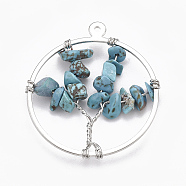 Brass Wire Wrapped Pendants, with Dyed Synthetic Turquoise Chip Beads, Ring with Tree, Platinum, 35x30x5~10mm, Hole: 1mm(G-T110-02B)