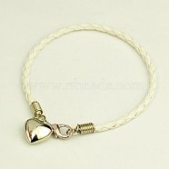 PU Leather Braided Charm Bracelets, with CCB Plastic Pendants and Alloy Lobster Claw Clasps, White, 180mm(BJEW-JB00785-01)