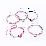 Adjustable Nylon Cord Braided Bead Bracelets, with Polymer Clay Heishi Beads, Alloy Enamel Charms and Real 18K Gold Plated Brass Beads, Butterfly, Mixed Color, 1-7/8 inch~3-1/8 inch(4.9~8.1cm)(BJEW-JB05100)