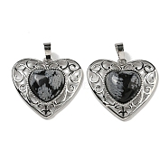 Natural Snowflake Obsidian Peach Love Heart Pendants, Rack Plating Brass Hollow Heart Charms, Cadmium Free & Lead Free, 29.5x30.5x7.5mm, Hole: 7.5x5mm(G-G158-01G)