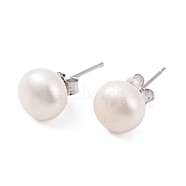 Natural Pearl Round Bead Stud Earrings, with Real Platinum Plated 925 Sterling Silver Findings, White, 17x8~9mm(EJEW-E298-01E-01P)