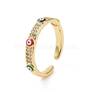 Brass Micro Pave Cubic Zirconia Open Rings, Enamel Evil Eye Cuff Rings for Women, Real 18K Gold Plated, 3mm, Inner Diameter: US Size 6 3/4(17mm)(RJEW-J017-VC274)