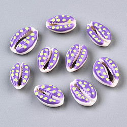 Natural Cowrie Shell Beads, with Enamel Polka Dot Pattern, No Hole/Undrilled, Dark Orchid, 16~19x10~12.5x7mm(SHEL-Q312-006G)