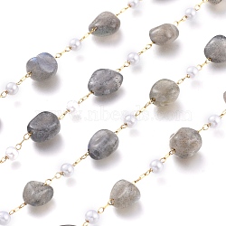 304 Stainless Steel Link Chains, with Glass Pearl & Natural Labradorite Nuggets Beads, Long-Lasting Plated, Unwelded, with Spool, Golden, Stone: 5~9.5x5~11x3.5~7.5mm, about 32.8 Feet(10m)/roll(CHS-K009-04G-B)