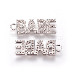 Brass Micro Pave Cubic Zirconia Pendants, Word Babe, Clear, Platinum, 30x10x2mm, Hole: 3mm(ZIRC-L075-18A-P)