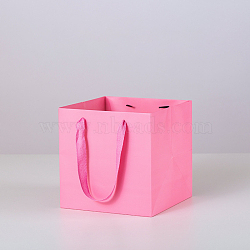 Solid Color Kraft Paper Gift Bags with Ribbon Handles, for Birthday Wedding Christmas Party Shopping Bags, Square, Hot Pink, 15x15x15cm(PAAG-PW0001-103A-04)