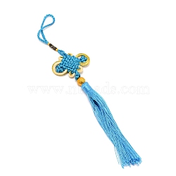 Chinese Knots Polyester Tassel Pendant Decorations, with Plastic Bead, Dark Turquoise, 270~590x52~57.5x11.5mm(HJEW-WH0011-80C)