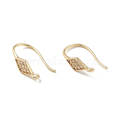Rhombus Rack Plating Brass Micro Pave Cubic Zirconia Earring Hooks, with Vertical Loop, Long-Lasting Plated, Cadmium Free & Lead Free, Real 14K Gold Plated, 16.5x4.5mm, Hole: 1mm, 21 Gauge, Pin: 0.7mm(KK-D083-11G)