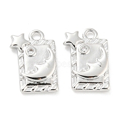 Brass Micro Pave Cubic Zirconia Charms, Rectangle with Moon, Real Platinum Plated, 12.5x8.5x1.8mm(KK-E090-09P)