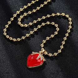 Brass Red Enamel Strawberry Pendant Ball Chain Necklaces, with Clear Cubic Zirconia, Cadmium Free & Lead Free, Long-Lasting Plated, Rack Plating, Real 18K Gold Plated, 16.42 inch(41.7cm)(NJEW-Z059-02G)