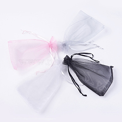 4 Colors Organza Bags, with Ribbons, Rectangle, Pink/Lavender/Light Grey/Black, Mixed Color, 15~15.5x9.5~10cm, 25pcs/color, 100pcs/set(OP-MSMC003-06A-10x15cm)