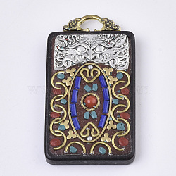 Buddha Theme Handmade Indonesia Big Pendants, with Alloy Findings, Sandalwood and Resin, Antique Golden and Antique Silver, Rectangle, FireBrick, 57~58x32~33.5x9mm, Hole: 9x6mm(IPDL-N002-81)