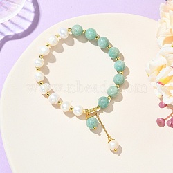 Round Natural Amazonite & Cultured Freshwater Pearl Beaded Charm Bracelets, Stretch Bracelets for Women, Beads: 8~8.5mm, Inner Diameter: 2.28 inch(5.8cm)(BJEW-JB14061-01)