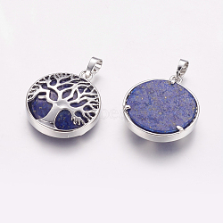 Natural Lapis Lazuli Pendants, with Brass Findings, Platinum, Flat Round with Tree, 31x27x6.5~7mm, Hole: 5x8mm(X-G-E388-05P)