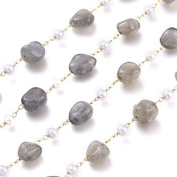 304 Stainless Steel Link Chains, with Glass Pearl & Natural Labradorite Nuggets Beads, Long-Lasting Plated, Unwelded, with Spool, Golden, Stone: 5~9.5x5~11x3.5~7.5mm, about 32.8 Feet(10m)/roll