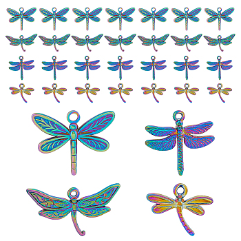 32Pcs 4 Style Alloy & Ion Plating(IP) 201 Stainless Steel Pendants, Dragonfly, Rainbow Color, 14~20x17.5~31.5x2~2.5mm, Hole: 1.2~2mm, 8pcs/style