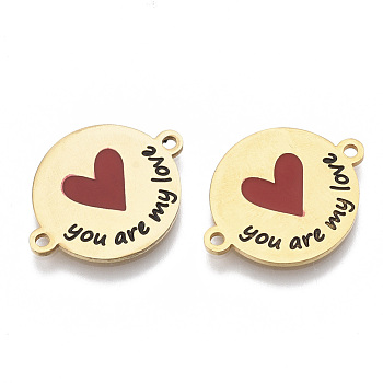 201 Stainless Steel Enamel Links connectors, for Valentine's Day, Flat Round with Heart and Word You Are My Love, Red, Golden, 16x21x1mm, Hole: 1.4mm