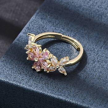 Brass Pave Cubic Zirconia Cuff Open Rings, Flower, Golden, 10mm, Inner Diameter: 17mm