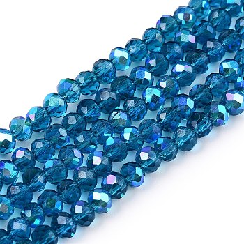 Electroplate Glass Beads Strands, Half Rainbow Plated, Faceted, Rondelle, Steel Blue, 4x3mm, Hole: 0.4mm, about 113~115pcs/strand, 41~41.5cm